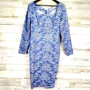 Emage Blue Floral Lace Long Sleeve Sheath Midi‎ Pencil Dress Womens Size 16